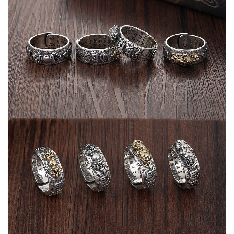 KarmaRipple's Tibetan 990 Sterling Silver Om Mani Padme Hum PiXiu Dorje Vajra Heart Sutra Engraved Wealth Ring p18
