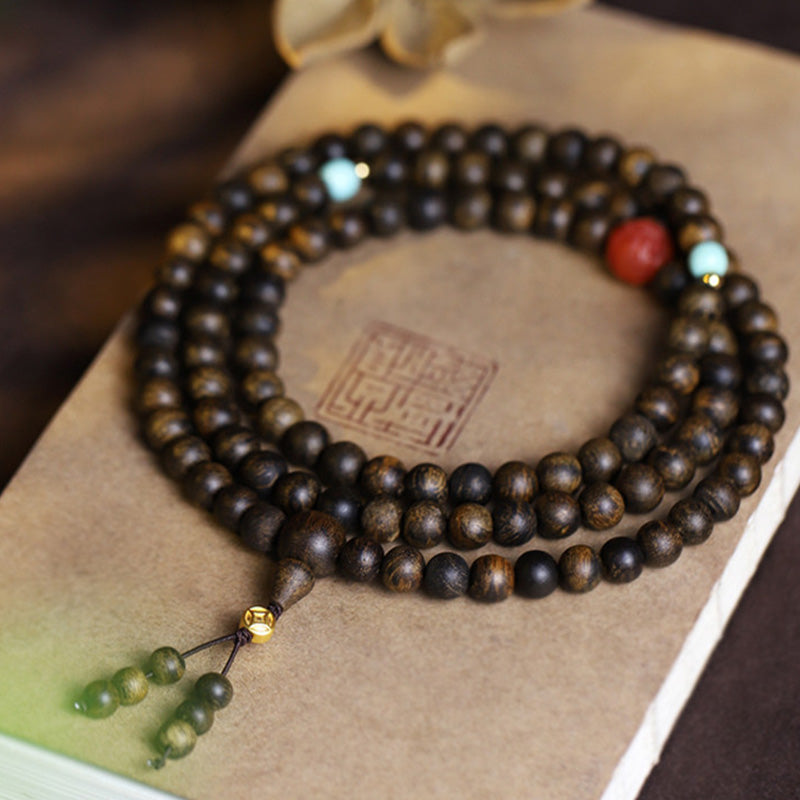 KarmaRipple's 108 Mala Beadwork Agarwood Red Agate Turquoise Peace Meditation Bracelet p7