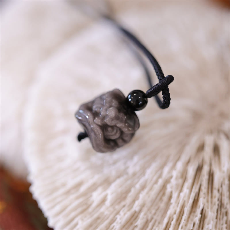 KarmaRipple's Authentic Silver Sheen Obsidian Dancing Lion Protection Pendant Necklace p6