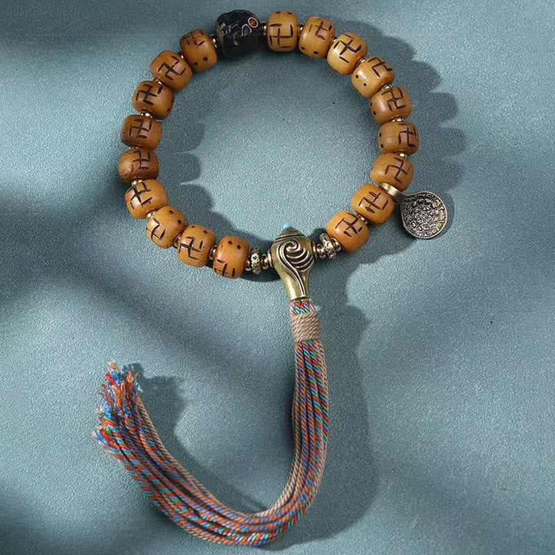 KarmaRipple's Authentic Tibetan Camel Bone Swastika Dzi Bead Shankha Buddha Talisman Kirtimukha Fortune Protection Tassel Bracelet p9