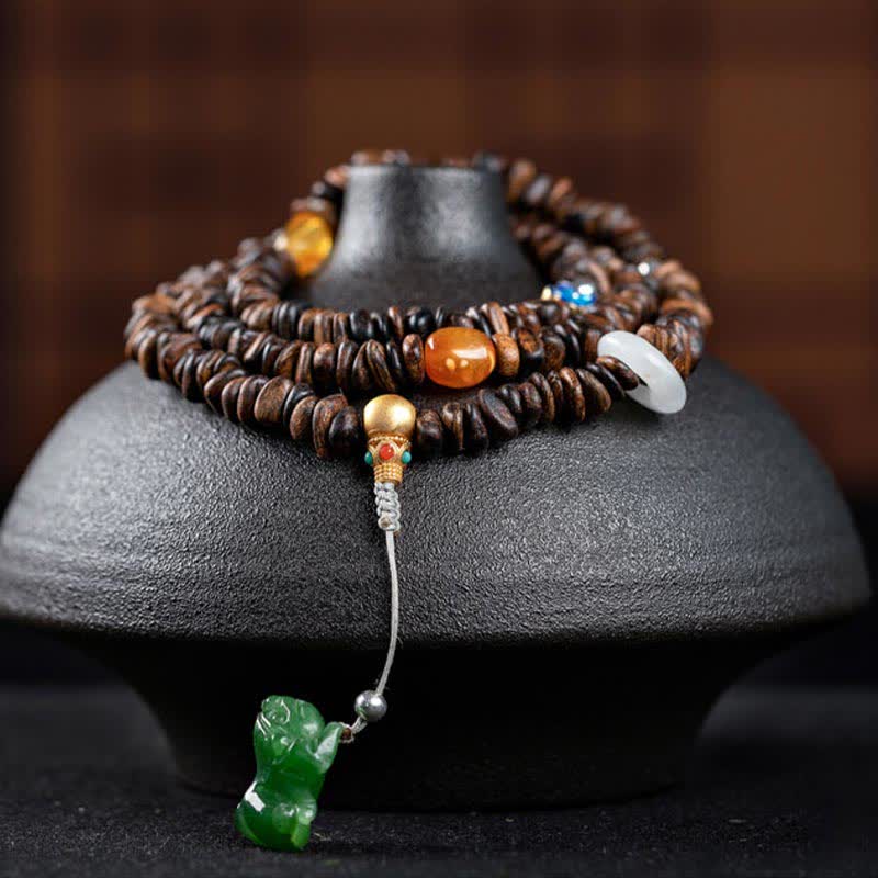 KarmaRipple's 108 Mala Beadwork 925 Sterling Silver Brunei Agarwood Red Agate PiXiu Hetian Jade Peace Strength Bracelet p22