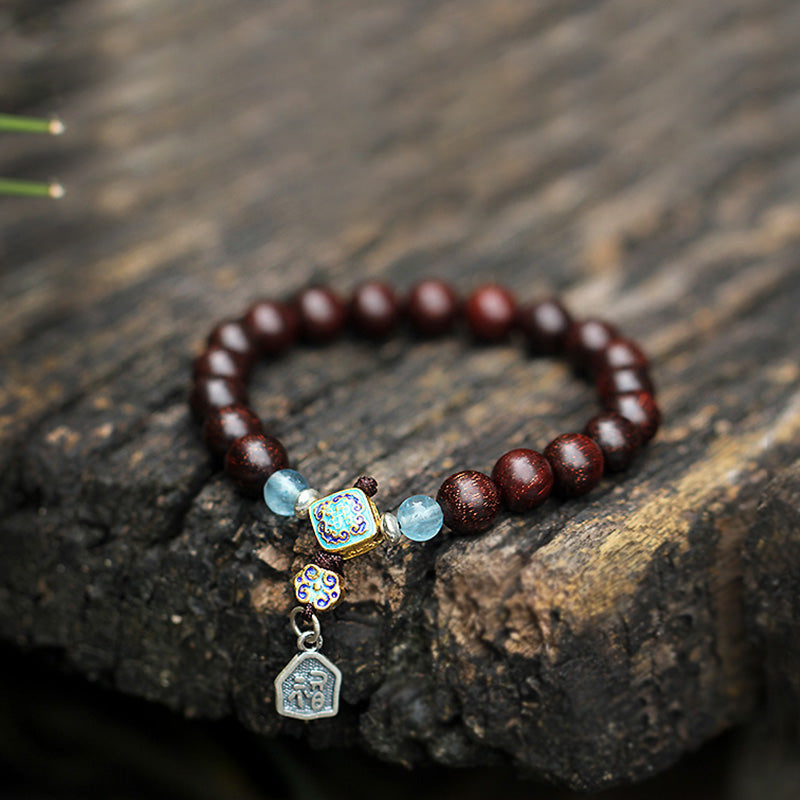 KarmaRipple's 925 Sterling Silver Indian Small Leaf Red Sandalwood Aquamarine Full of Gold Star Chinese Knotting Blessing Bracelet p10