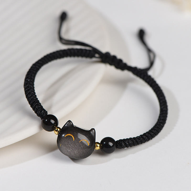 KarmaRipple's Handmade Authentic Silver Sheen Obsidian Strawberry Quartz Cute Cat Protection Woven Bracelet p6