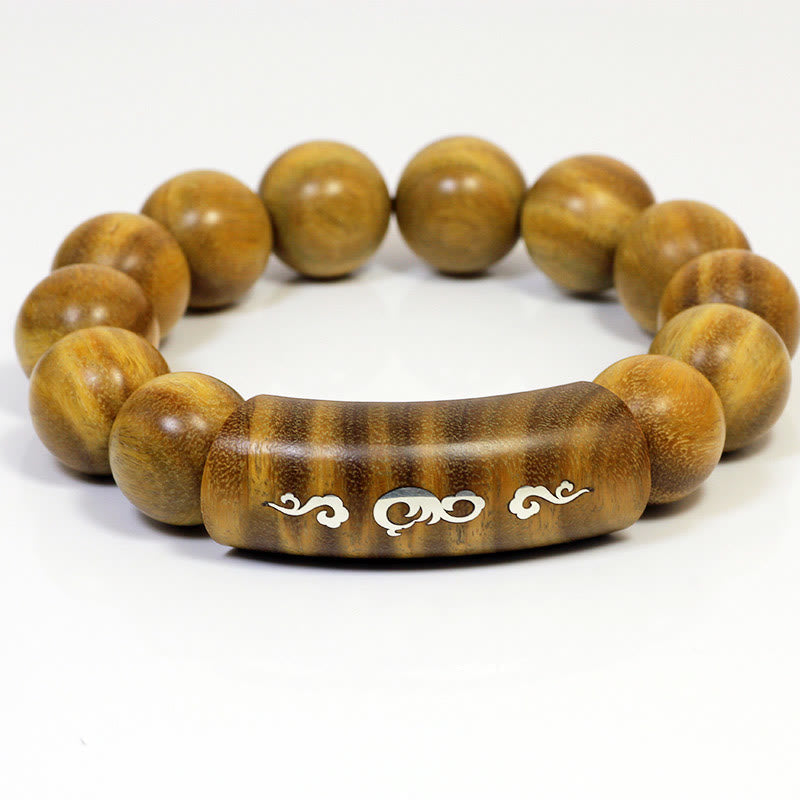 KarmaRipple's 999 Sterling Silver Green Sandalwood Om Mani Padme Hum Dragon Phoenix Dharmachakra Inlaid Peace Bracelet p32