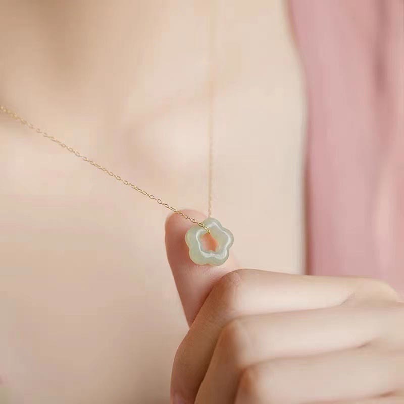 KarmaRipple's Dainty Hetian Jade Cyan Jade Fortune Floral Talisman Pendant Necklace p5