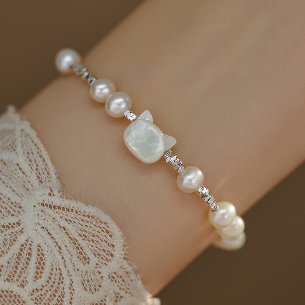 KarmaRipple's Pearl Cat Head Tridacna Stone Silver Chain Balancing Bracelet p2