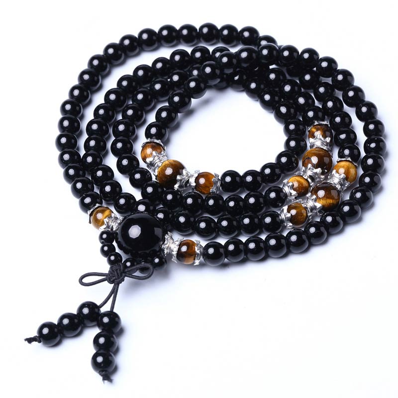 KarmaRipple's 108 Beadwork Authentic Black Obsidian Tiger Eye Mala Bracelet p12
