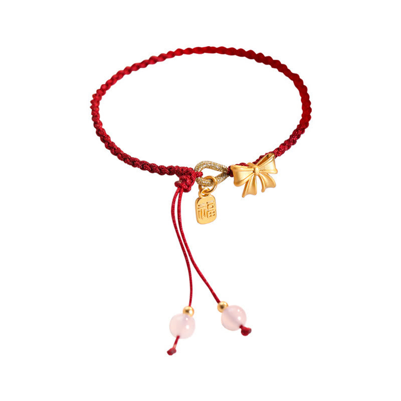 KarmaRipple's Handmade Peach Blossom Rosette Bow Weave Fu Character Talisman Fortune Fortune Red Rope Bracelet p8