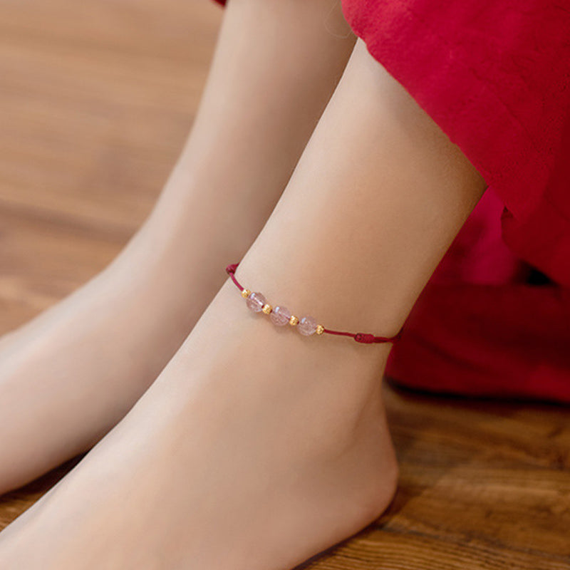 KarmaRipple's Strawberry Gemstone Beadwork Fortune Red String Anklet p8