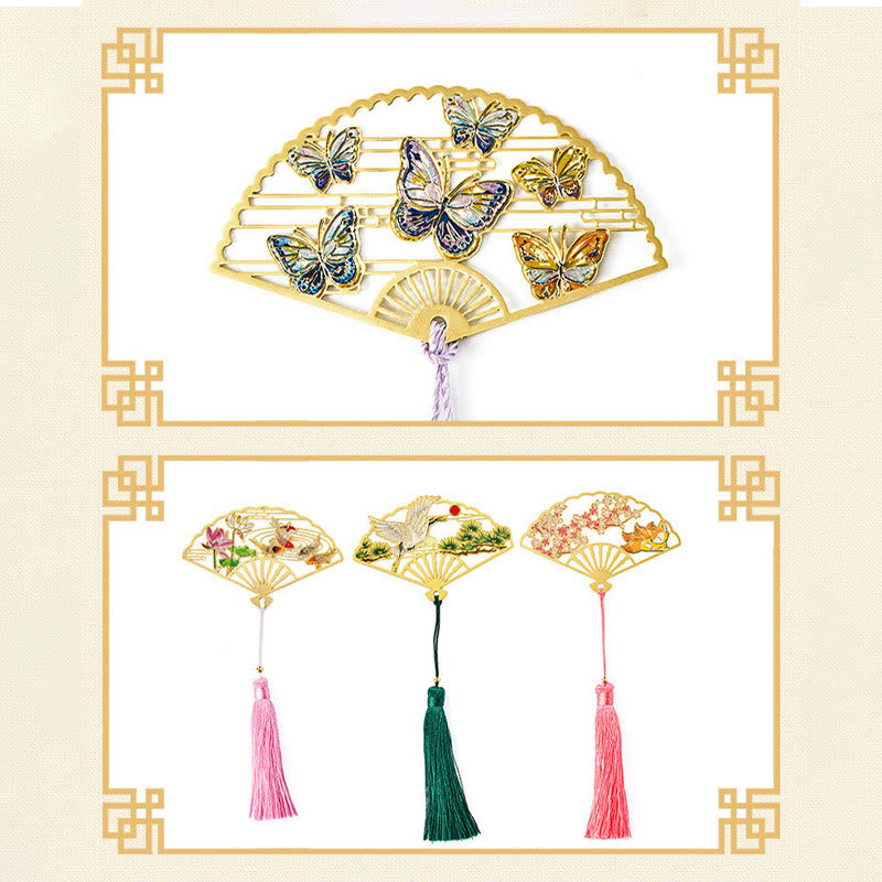 KarmaRipple's Traditional Butterfly Lotus Flower Crane Dragon Phoenix Fox Koi Fish New Beginning Metal Brass Hollow Fan Bookmarks p20