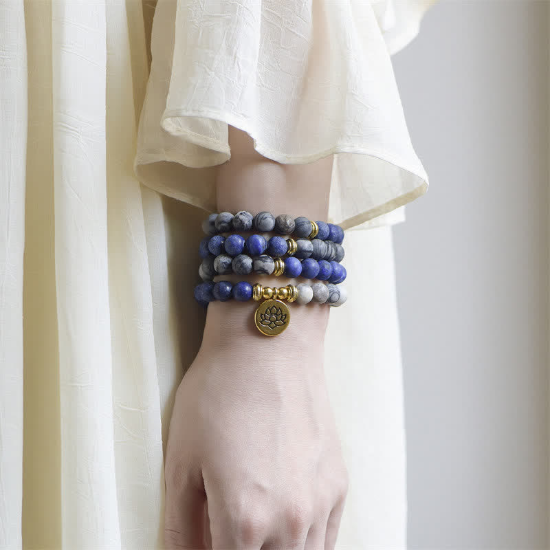 KarmaRipple's Lazurite Picasso Jasper Amazonite Rhodonite Apatite Positive Lotus Prayer Bead Bracelet p4
