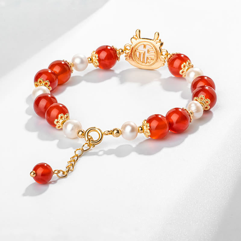 KarmaRipple's 14K Gold Plated Year Of The Dragon Authentic Red Agate Pearl Protection Fu Character Chain Bracelet ( p5