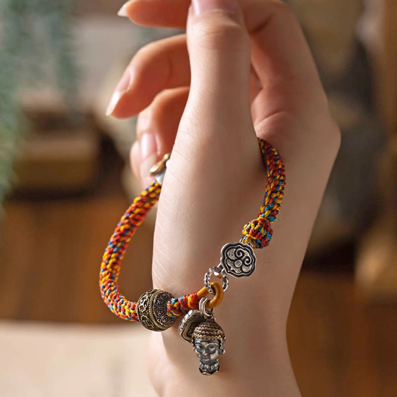 KarmaRipple's Handmade Tibetan 925 Sterling Silver Chinese Zodiac Natal Buddha Zakiram Goddess of Wealth Protection Multicolored Rope Woven Bracelet p13