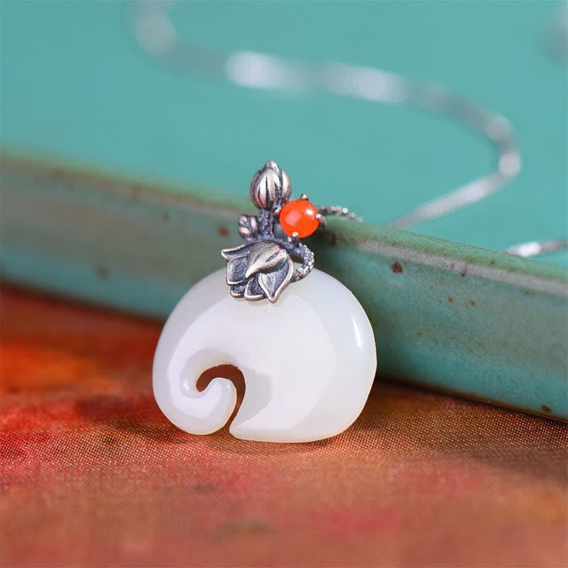 KarmaRipple's Ivory Jade Elephant Lotus Protection Pendant Necklace p4