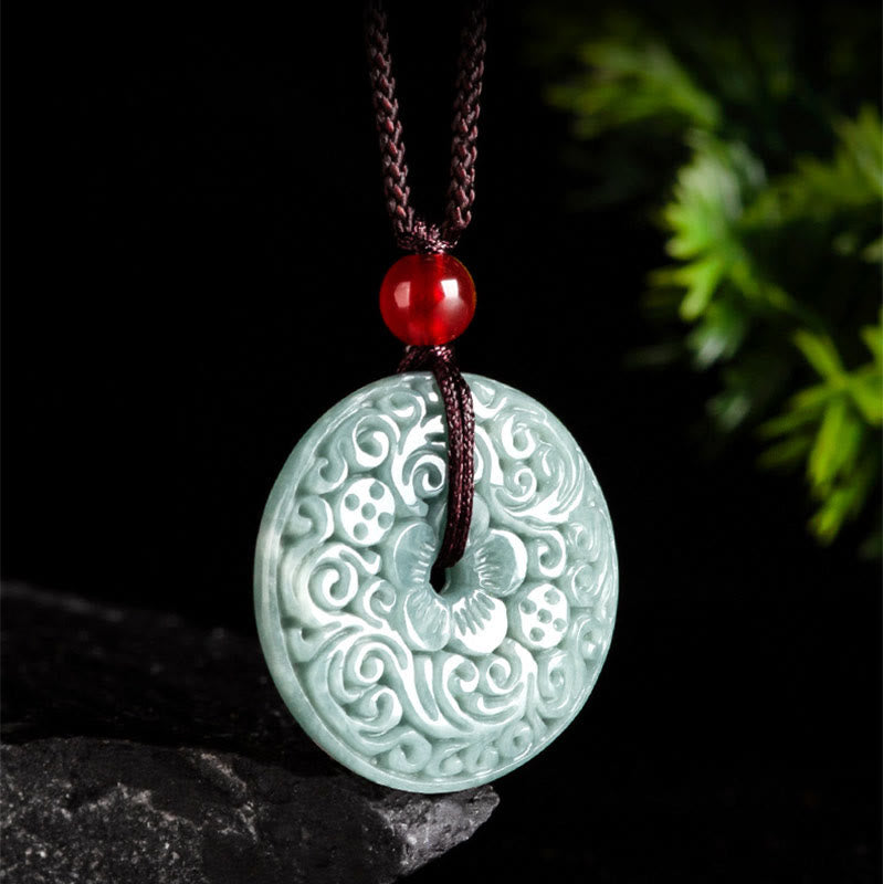 KarmaRipple's Green Jade Flower Carved Peace Buckle Abundance Pendant Necklace p3