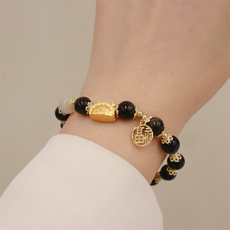 KarmaRipple's Year Of The Dragon Red Agate Strawberry Quartz Black Obsidian Jade Garnet Pearl Cinnabar Dumpling Dragon Fortune Fu Character Bracelet p20
