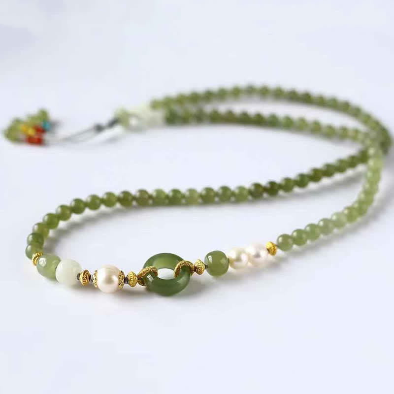 KarmaRipple's Hetian Jade Pearl Peace Buckle Fortune Wealth String Bracelet p4