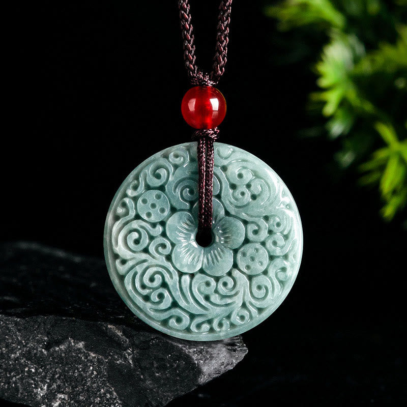 KarmaRipple's Green Jade Flower Carved Peace Buckle Abundance Pendant Necklace p1
