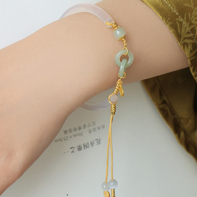 KarmaRipple's 925 Sterling Silver Authentic Ivory Agate Hetian Jade Double Peace Buckle Fu Character Bracelet Bangle p11