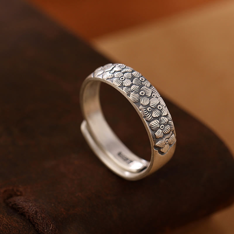KarmaRipple's 999 Sterling Silver Lotus Flower Plum Blossom Auspicious Clouds Engraved Enlightenment Ring p2