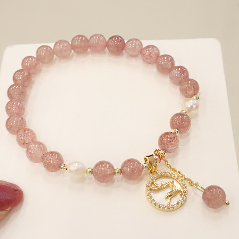 KarmaRipple's Strawberry Quartz Pearl Elk Smiley Face Fishtail Fu Character Talisman Balancing Bracelet p6