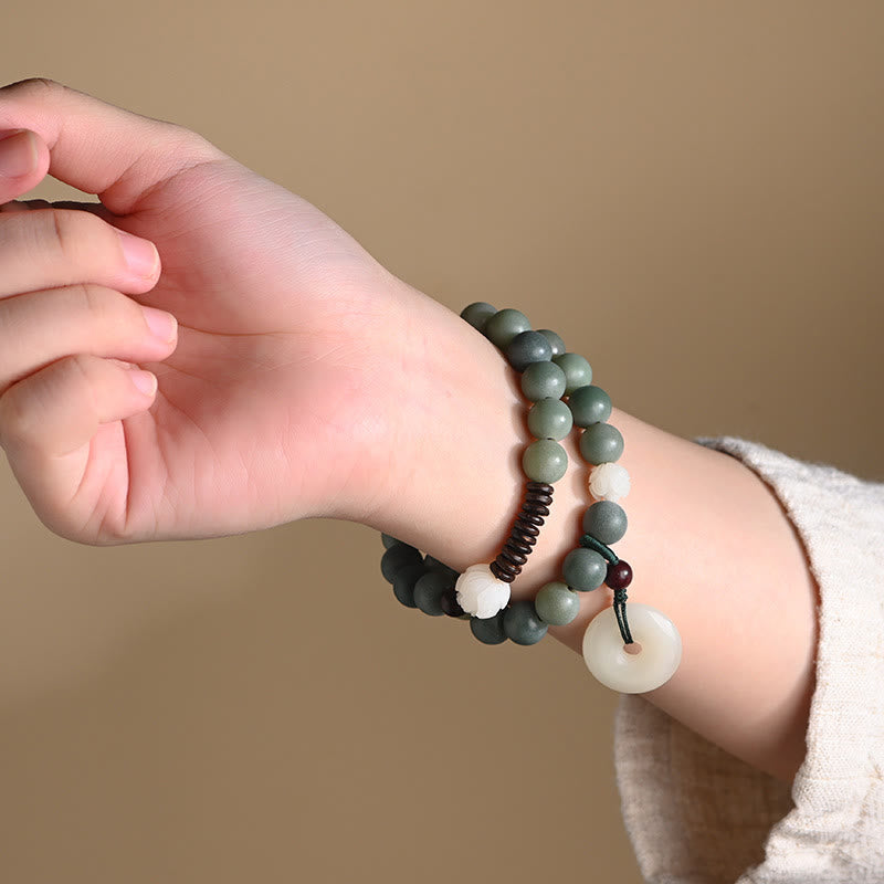 KarmaRipple's Cyan Bodhi Seed Lotus Jade Peace Buckle Wisdom Double Wrap Bracelet p4