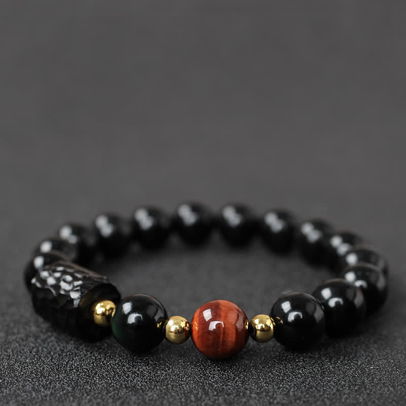 KarmaRipple's Black Obsidian Ebony Wood Red Tiger Eye Strength Pair Bracelet p1