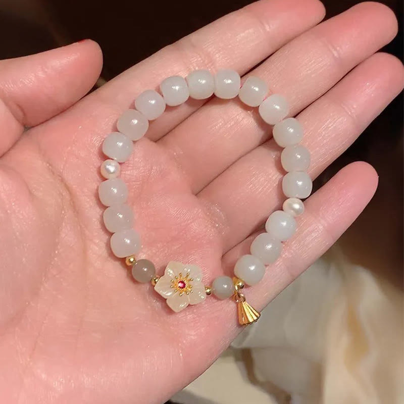 KarmaRipple's Jade Peach Blossom Flower Pearl Fortune Blessing Bracelet p8