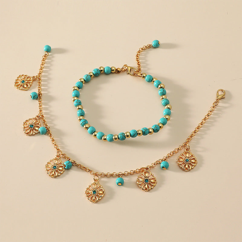KarmaRipple's 2Pcs Turquoise Stone Flower Protection Bracelet Anklet p1