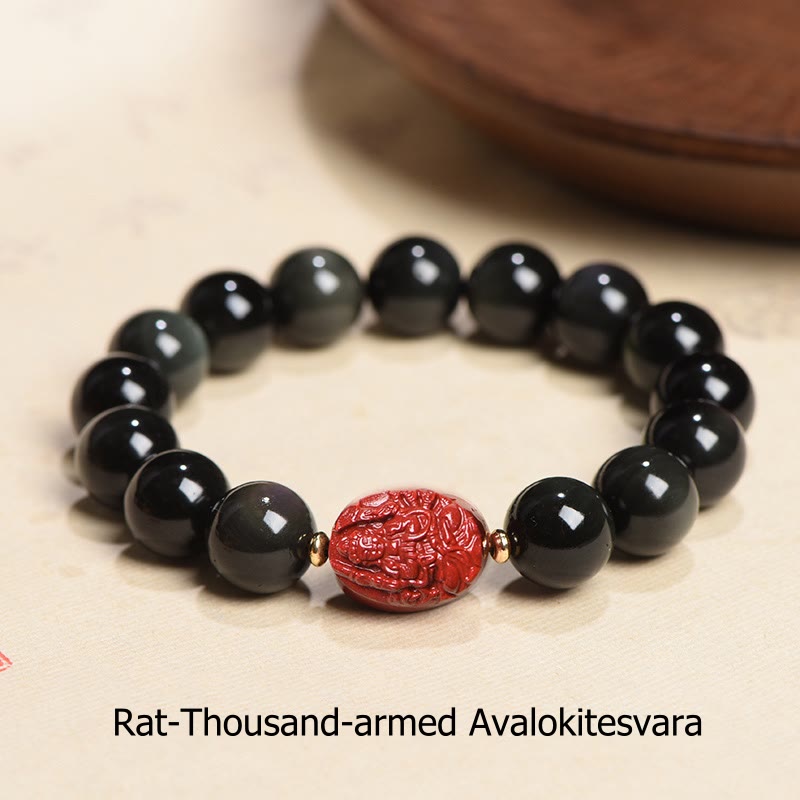 KarmaRipple's Chinese Zodiac Natal Buddha Authentic Black Obsidian Cinnabar Purification Bracelet p60