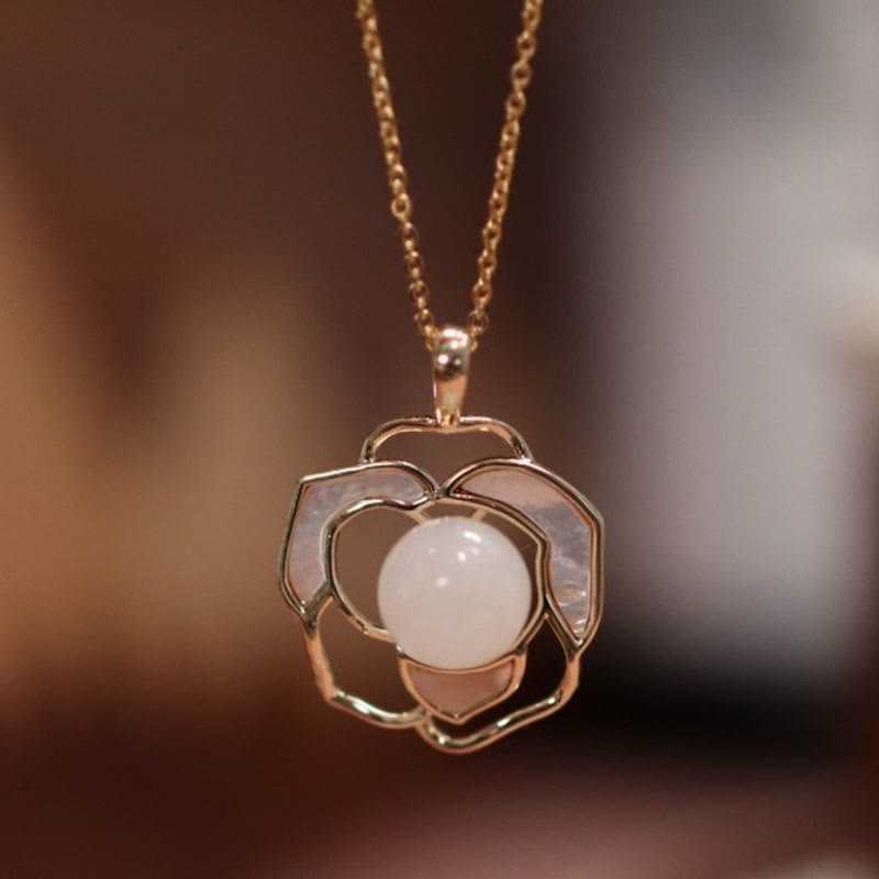 KarmaRipple's 925 Sterling Silver Plated Gold Posts Hetian Ivory Jade Tridacna Stone Camellia Flower Fortune Pendant Necklace Ring Earrings p2