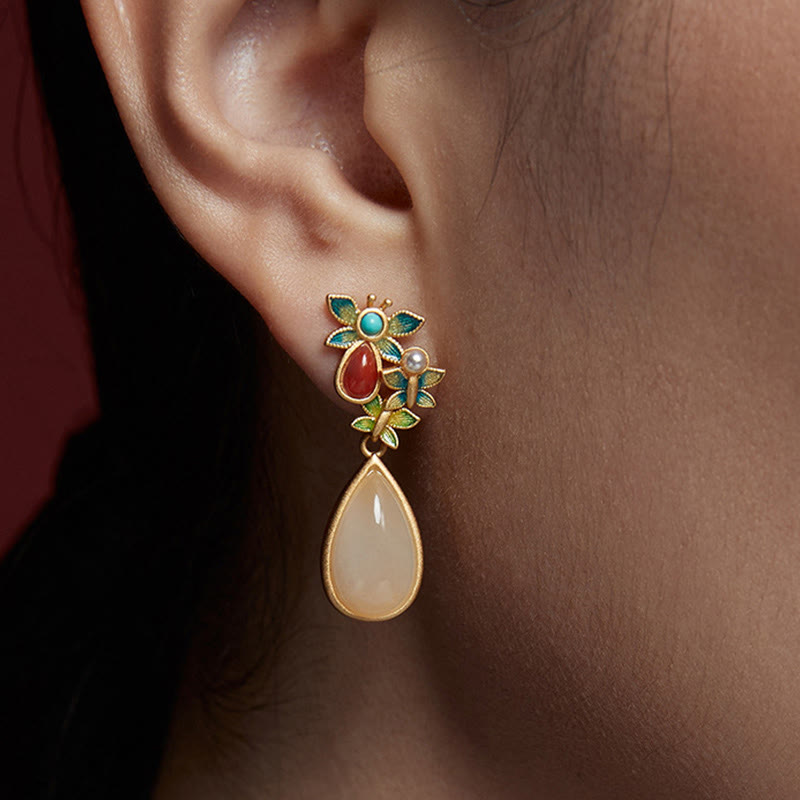KarmaRipple's Water Drop Ivory Jade Red Agate Butterfly Protection Drop Dangle Earrings p8