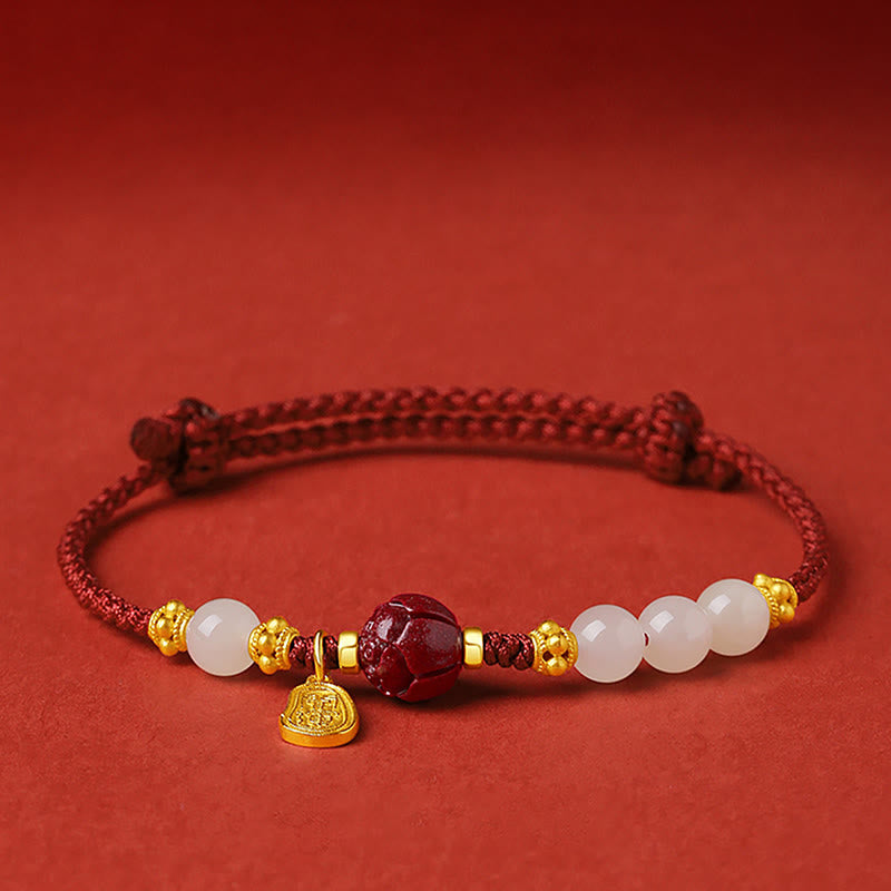 KarmaRipple's 24K Gold Plated Hetian Ivory Jade Cinnabar Lotus Fortune Rope Bracelet p1