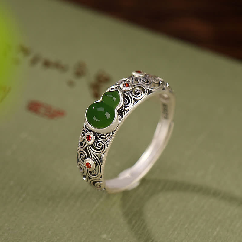 KarmaRipple's 925 Sterling Silver Red Agate Cyan Jade Gourd Blessing Auspicious Ring p12