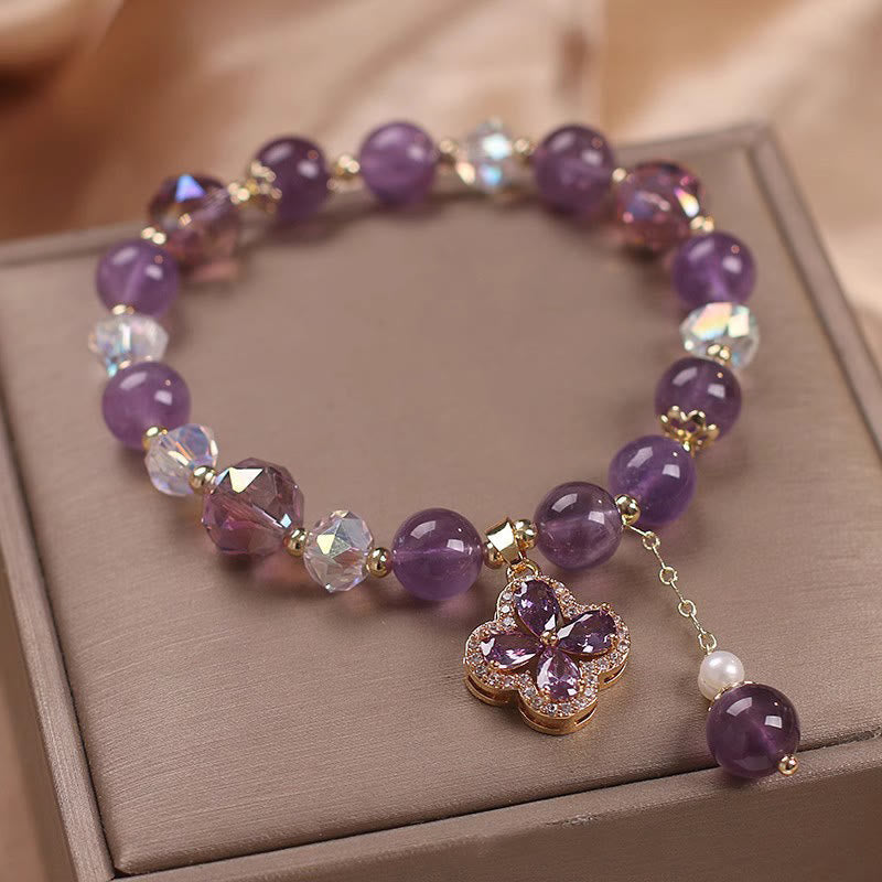 KarmaRipple's Authentic Amethyst Gemstone Four Leaf Clover Spiritual Balancing Bracelet p2