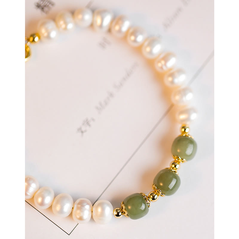 KarmaRipple's 14K Gold Plated Authentic Pearl Hetian Cyan Jade Ivory Jade Sincerity Bead Chain Bracelet p9