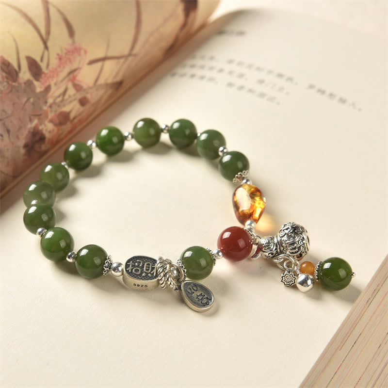 KarmaRipple's 925 Sterling Silver Hetian Cyan Jade Gourd Amber Success Bracelet p2