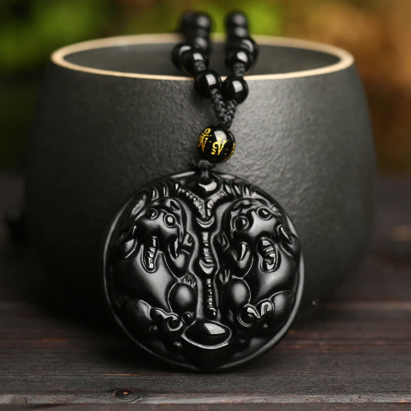 KarmaRipple's Black Obsidian Double Pixiu Bead Rope Purification Pendant Necklace p5