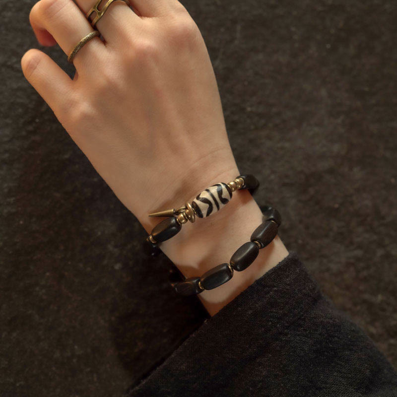 KarmaRipple's Tibet Ebony Wood Dzi Bead Bronze Balance Double Wrap Bracelet p17