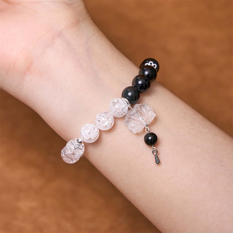 KarmaRipple's Silver Sheen Obsidian Crackle Clear Quartz Black Rutilated Quartz Yin Yang Lotus Protection Bracelet p8