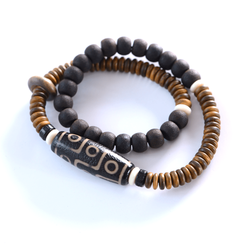 KarmaRipple's Tibetan Nine-Eye Dzi Bead Green Sandalwood Ebony Wood Peace Double Wrap Bracelet p3