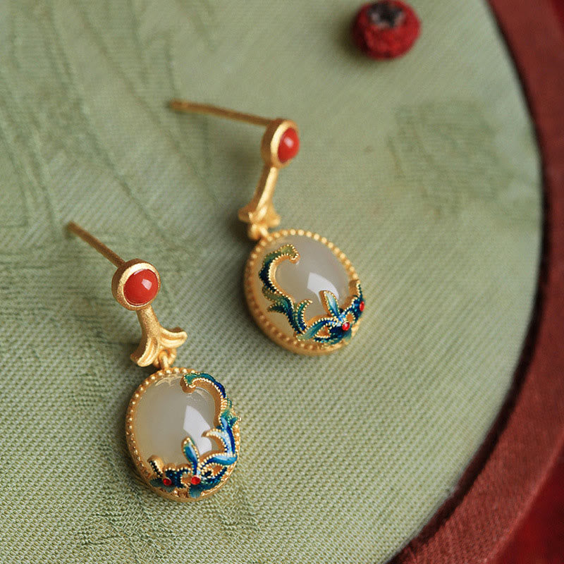 KarmaRipple's Vintage Jade Red Agate Abundance Bronze Drop Earrings p1