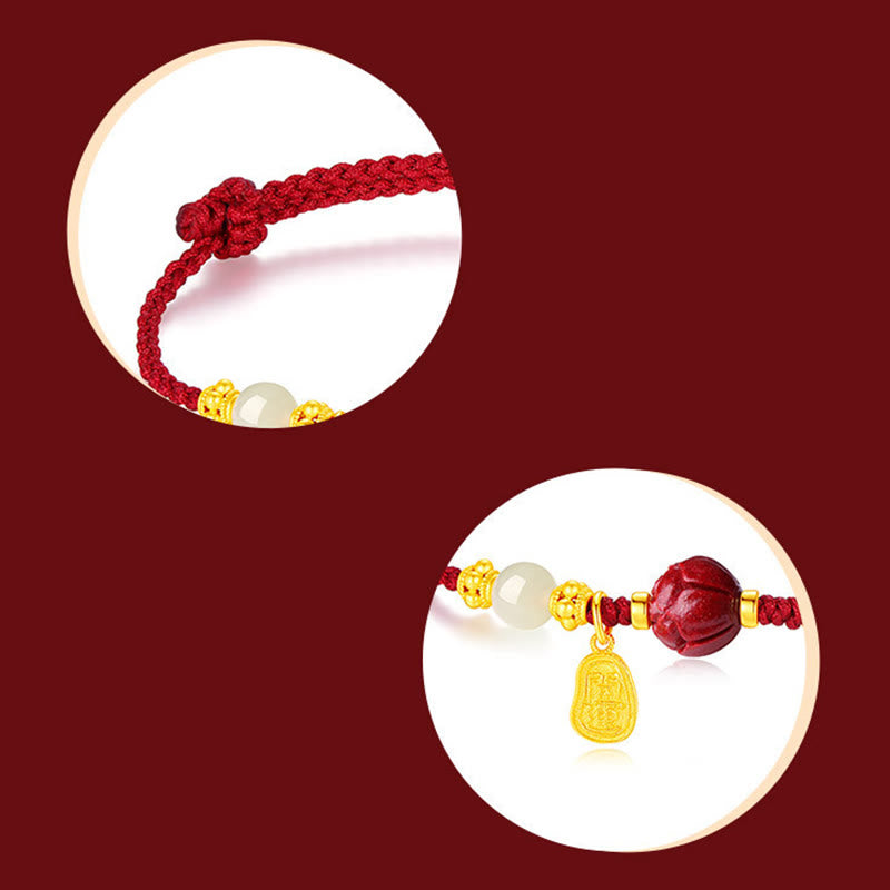 KarmaRipple's 24K Gold Plated Hetian Ivory Jade Cinnabar Lotus Fortune Rope Bracelet p4