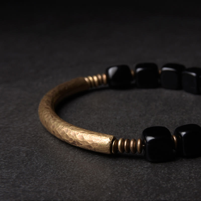 KarmaRipple's Black Obsidian Gemstone Bronze Strength Pair Bracelet p6
