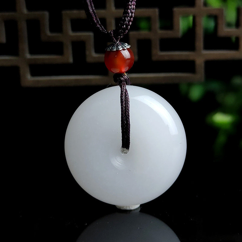 KarmaRipple's Round Hetian Ivory Jade Peace Buckle Blessing Pendant Necklace p7
