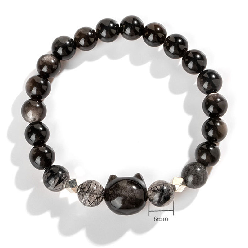 KarmaRipple's Authentic Silver Sheen Obsidian Cute Cat Head Protection Bracelet p6