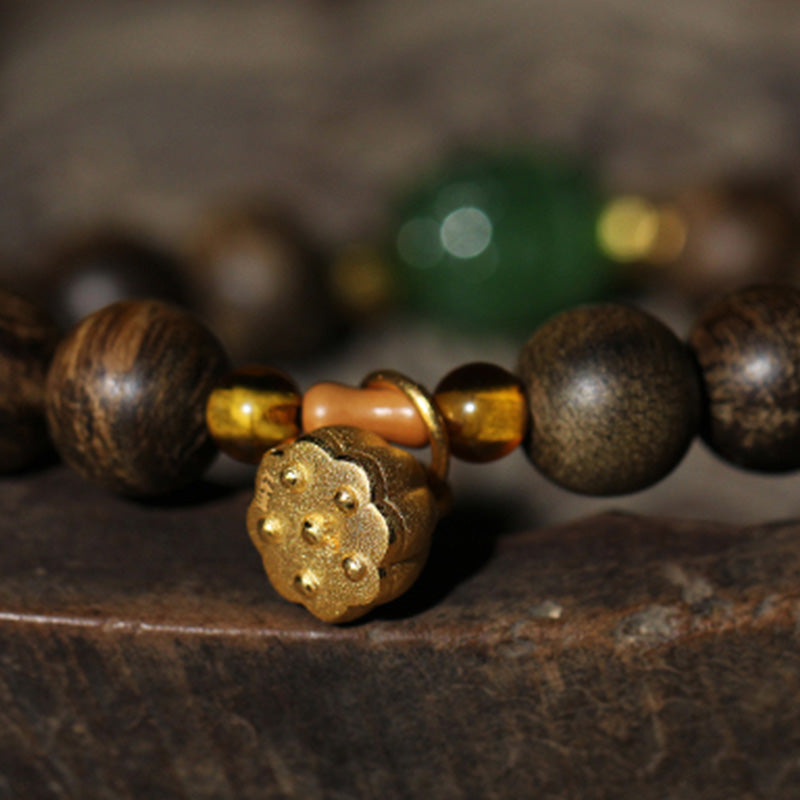 KarmaRipple's 999 Gold Brunei Agarwood Cyan Jade Lotus Flower Peace Strength Bracelet p12