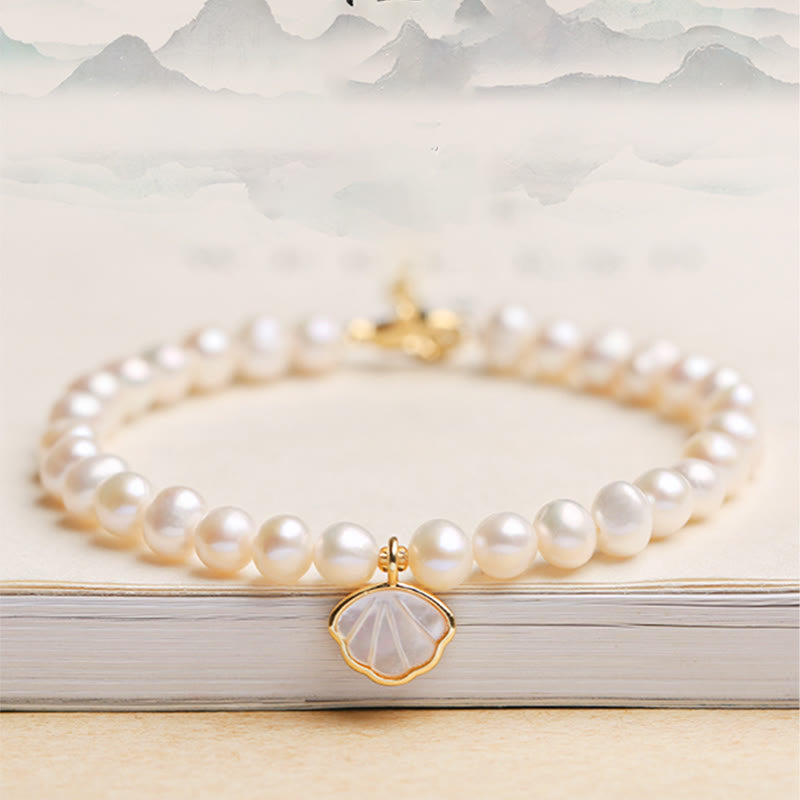 KarmaRipple's 14K Gold Plated Authentic Pearl Gemstone Shell Talisman Bead Bracelet p1
