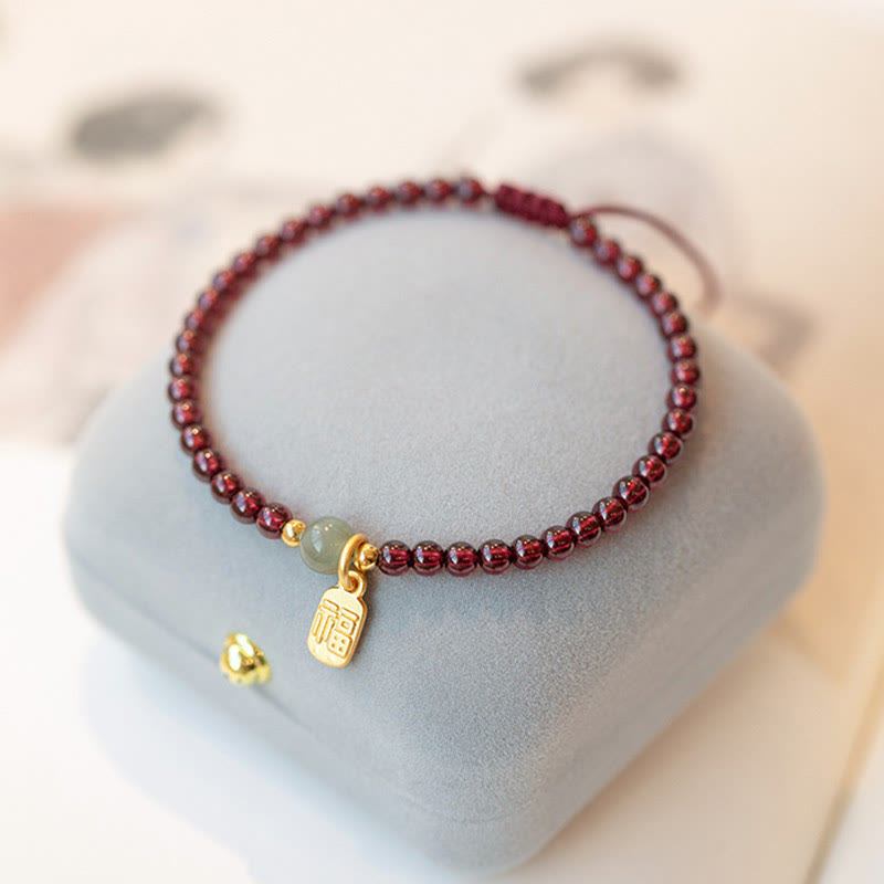 KarmaRipple's Authentic Strawberry Quartz Garnet Jade Fortunate Fortune Fu Character Balancing Talisman Bracelet p13