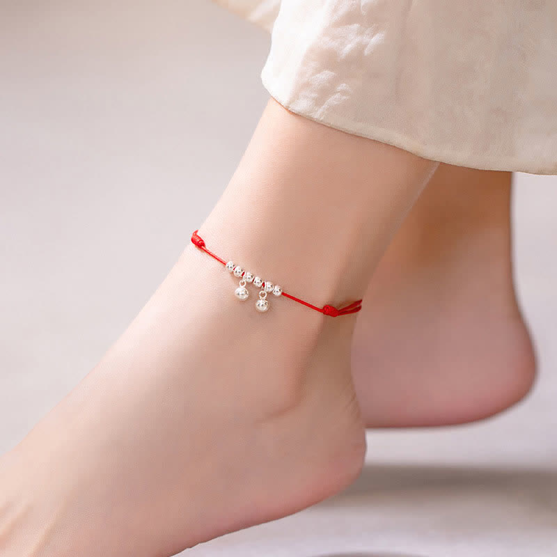 KarmaRipple's 925 Sterling Silver Red String Braid Bell Talisman Anklet p1